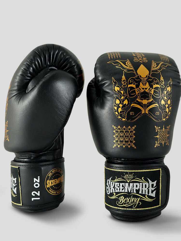 SKS Velcro Black Sak Yant Leather Boxing Gloves