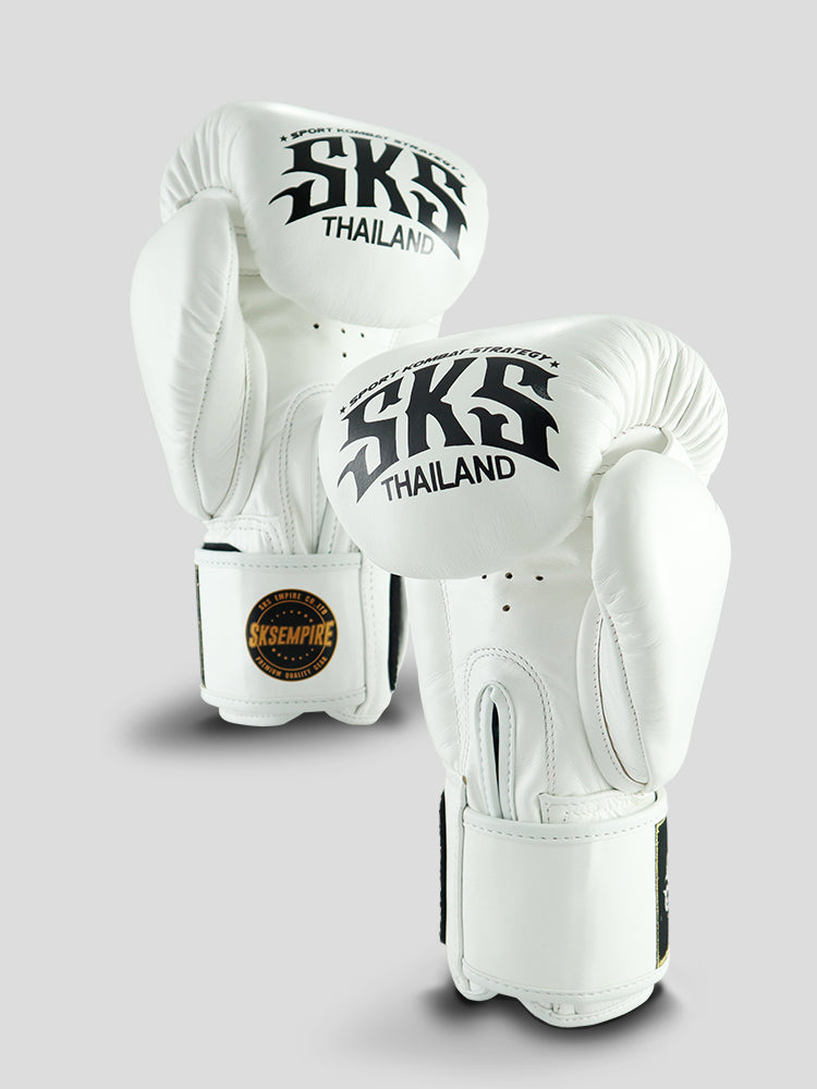 SKS Velcro White Sak Yant Leather Boxing Gloves