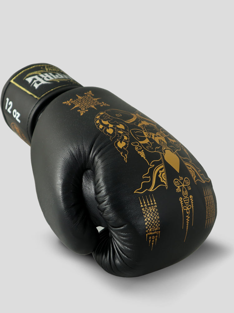SKS Velcro Black Sak Yant Leather Boxing Gloves