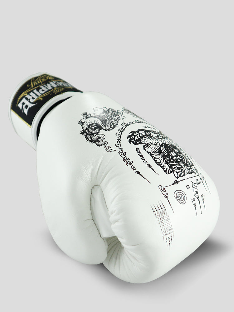 SKS Velcro White Sak Yant Leather Boxing Gloves