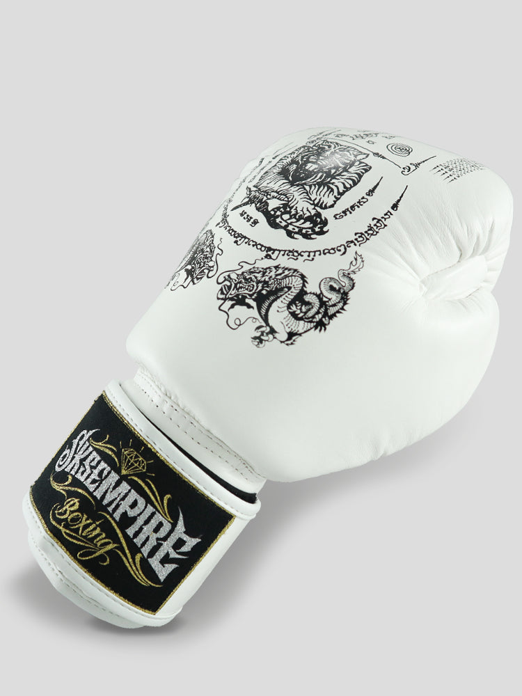 SKS Velcro White Sak Yant Leather Boxing Gloves