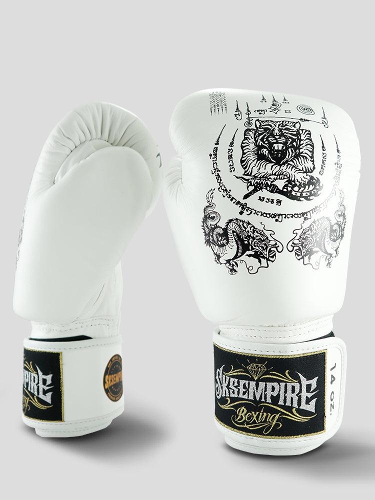 SKS Velcro White Sak Yant Leather Boxing Gloves