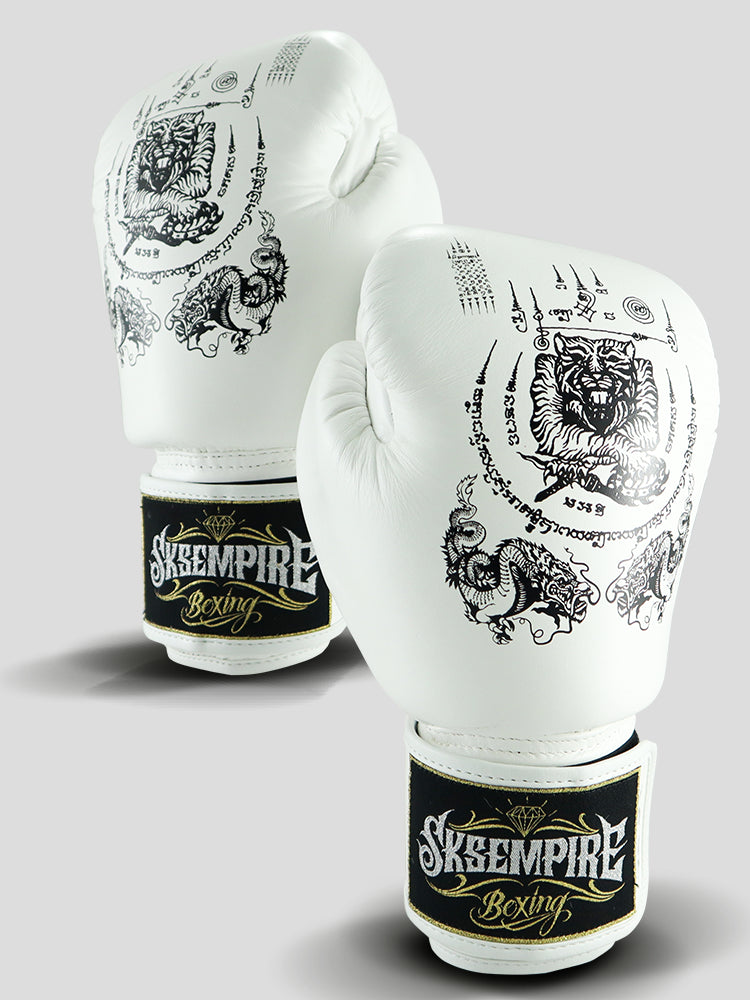 SKS Velcro White Sakyant Leather Boxing Gloves