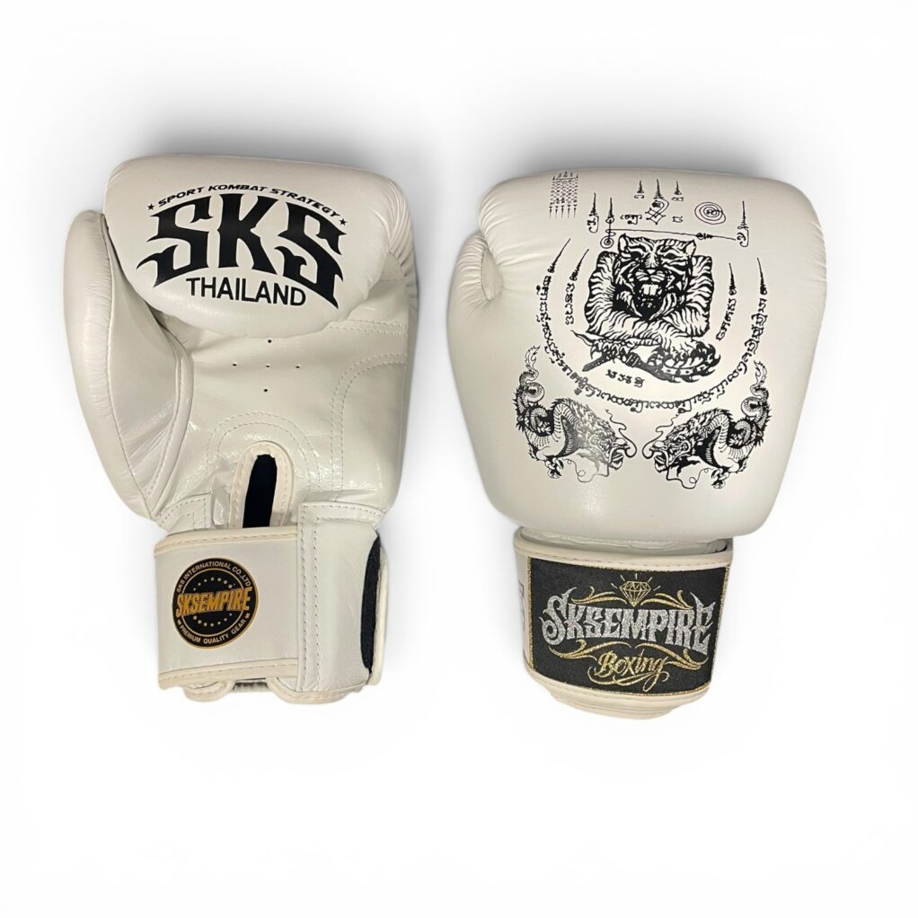 SKS Velcro White Sakyant Leather Boxing Gloves