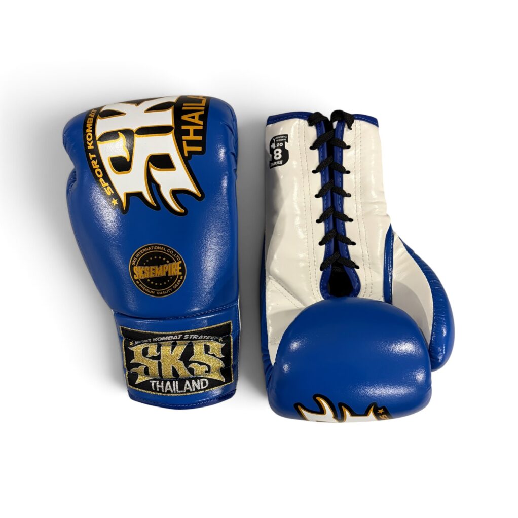 SKS Knuckle Lace Up Boxing Gloves (Blue & White)